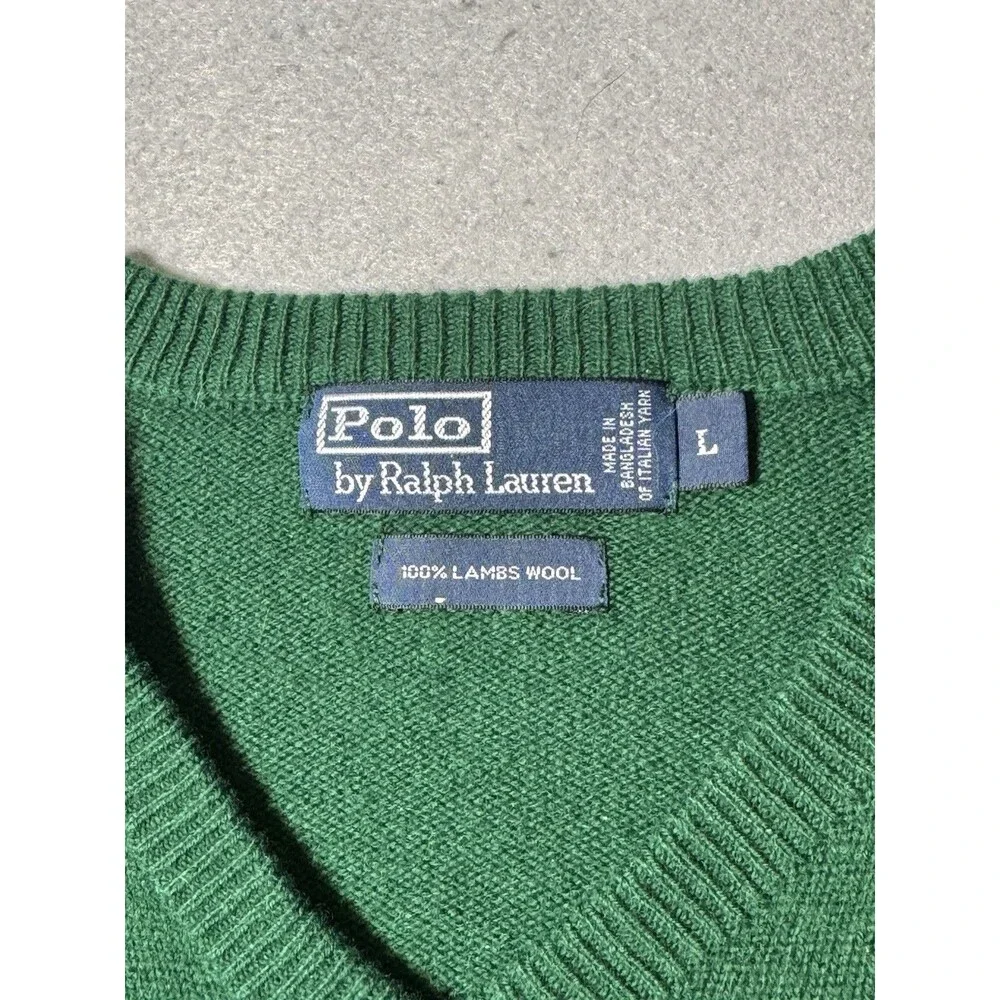 Polo Ralph Lauren Lambs Wool Sweater Men's L Green V Neck Pullover Pony Logo